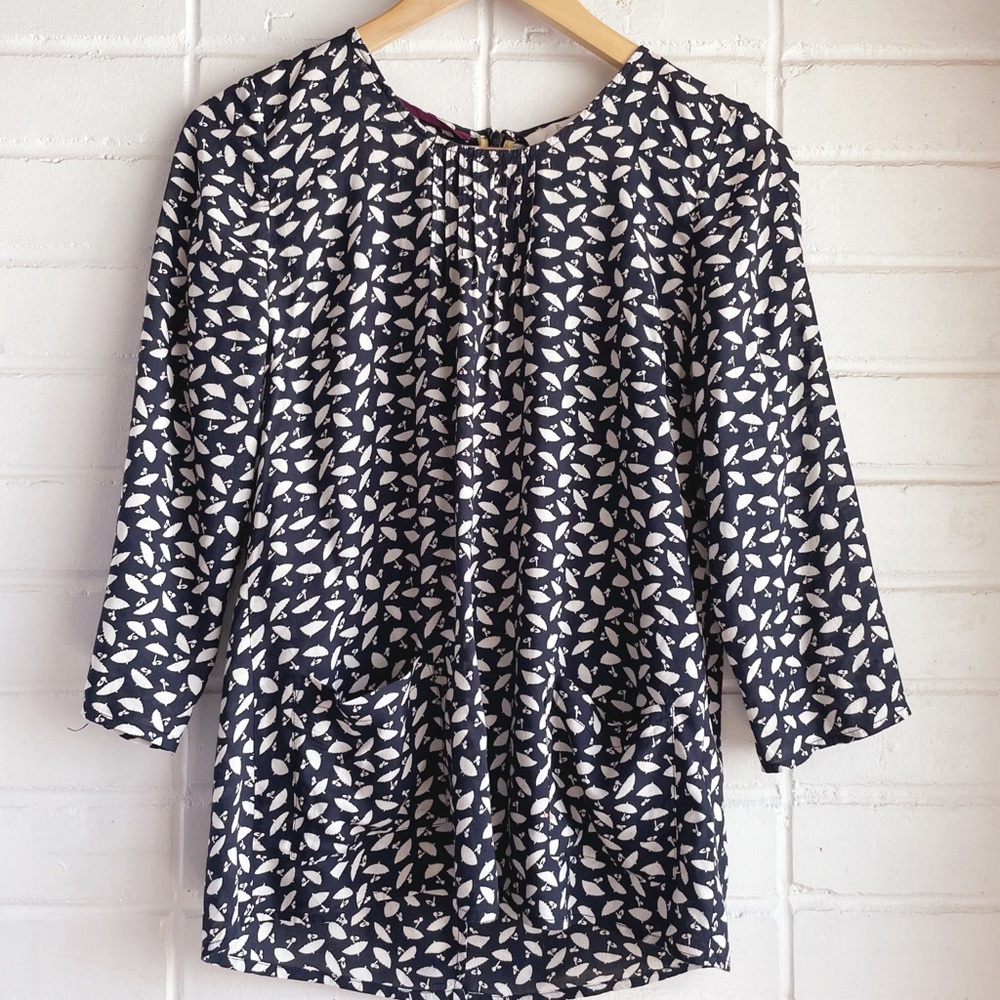 Boden Black Umbrella Print Pleated Pocket Blouse